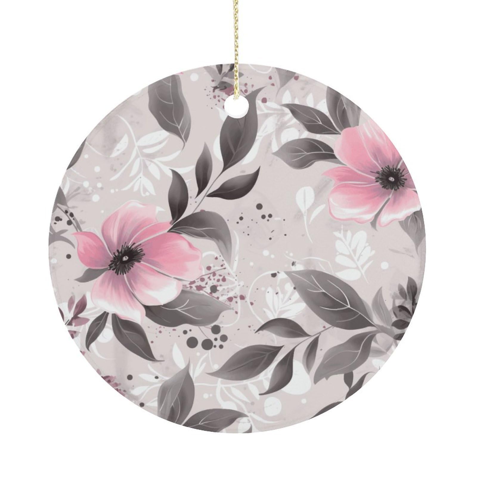 Pink Flowers and Leaves on Gray Christmas Ornament,Round Ceramic Ornaments Personalized Christmas Tree Ornament for Holiday Porcelain Keepsake Gifts Ideas Home Decor