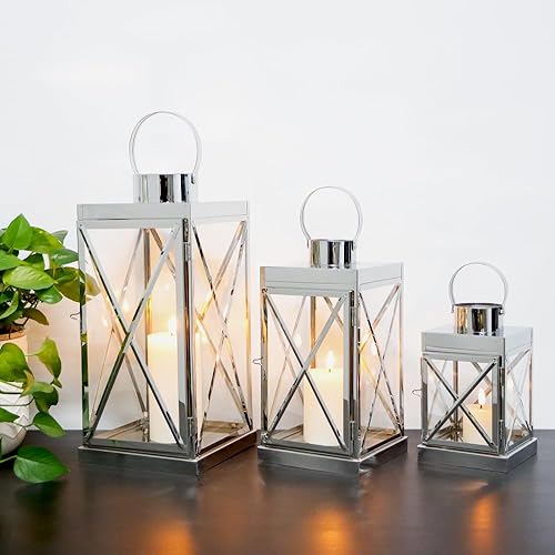 Miniatura 3 de TRIROCKS Juego de 3 faroles cuadrados de acero inoxidable plateados, elegantes, de 81216 pulgadas, de metal opulento, con asa de bucle, paneles de