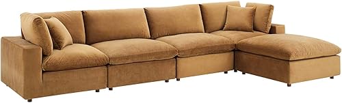 Miniatura 2 de Modway Commix Sofá seccional de 5 piezas de terciopelo de alto rendimiento relleno de plumón en coñac