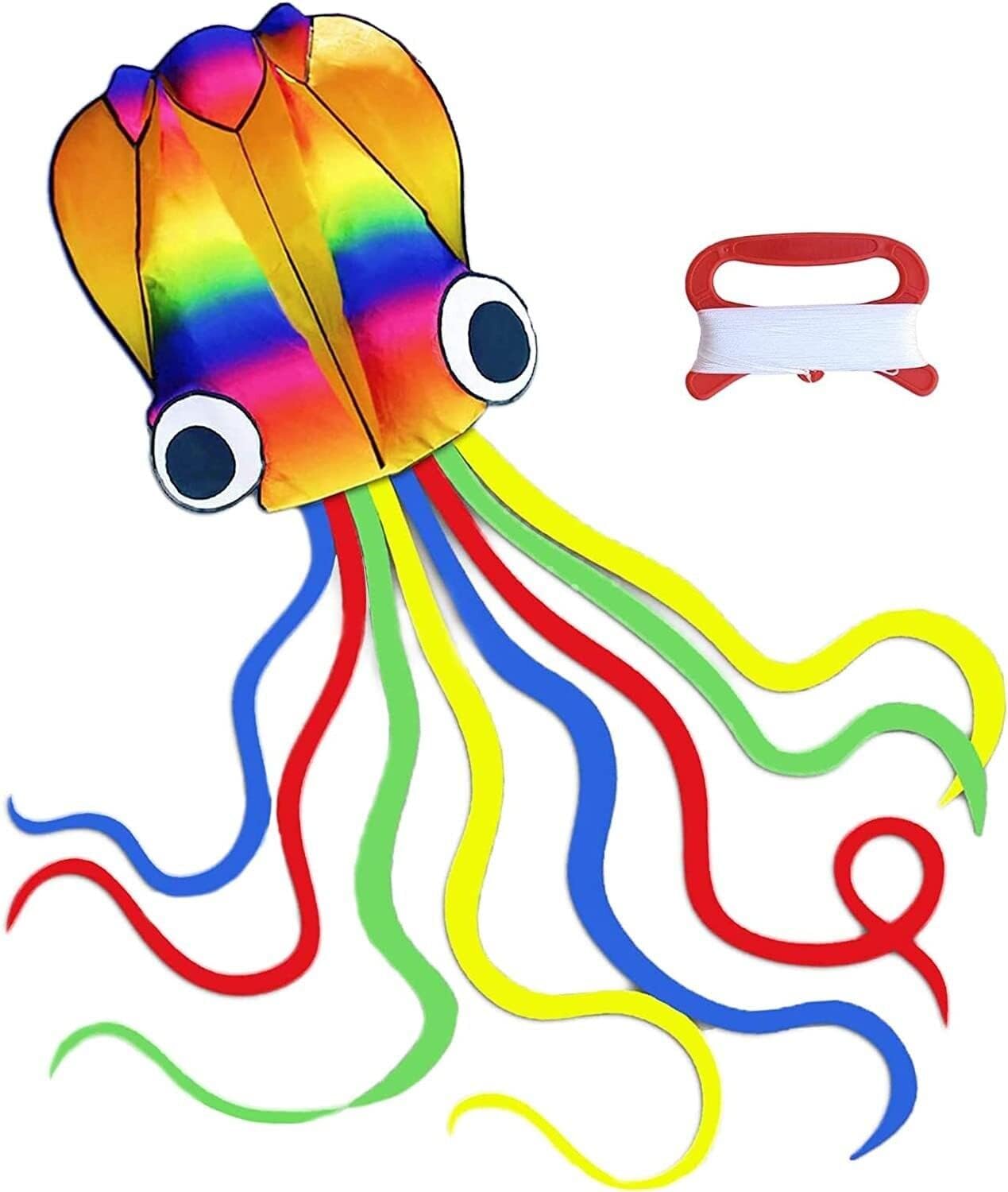 Huge Rainbow Soft Octopus Kite for Kids and Adults - Extra Large, Water-Resistant, with 100m Line, 210T Ripstop Polyester, Easy to Fly with Long Tail, Suitable for Children Under 10
