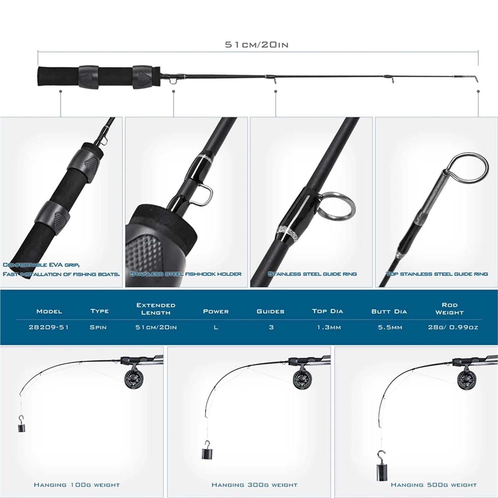 51/60/80/100 cm Winter Garnelen EIS Angelrute Tragbare Winter Angelrute Carbon Fluss Garnelen Karpfen Angelrute Rod Tackle für Angeln(Black EVA3B Round)