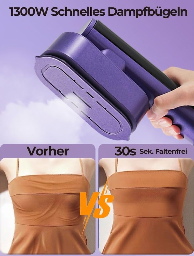 Steamer Dampfglätter, 1300W tragbares Dampfbügeleisen, 2-in-1 Handbügeleisen, 15s Schnellaufheizung, 190ml Wassertank, 6 Modi (5 Dampf+1 Trocken), mit LED-Display, für Zuhause, Reise & Urlaub