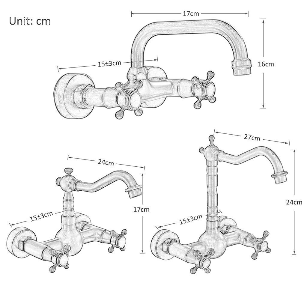 Grifo de lavabo baño de cocina, grifos de lavabo de montaje en pared, grifo mezclador de dos manijas Grifo mezclador de agua fría y caliente para cocina Grifo mezclador de cocina de rotación 360