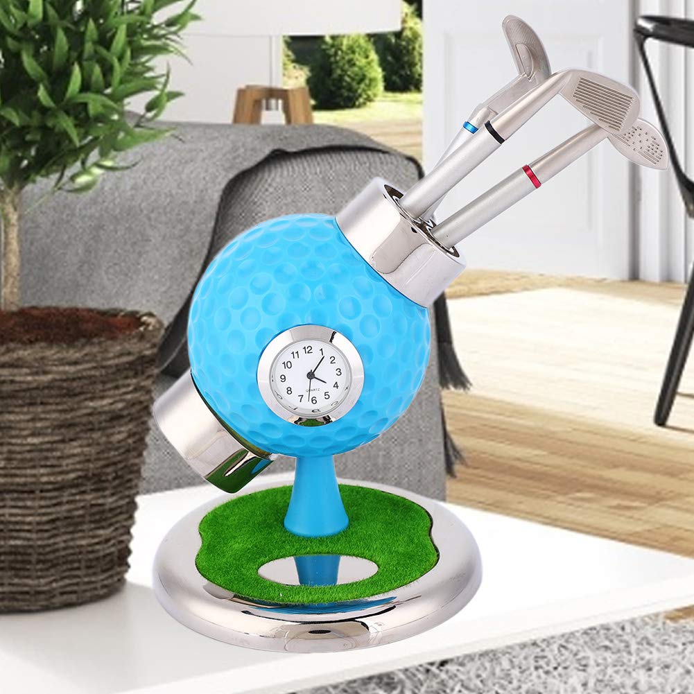 Stifthalter in Golfballform, Bleistiftvase, Desktop-Set mit Uhr und 3 Stiften für das Arbeitszimmer (Blau)
