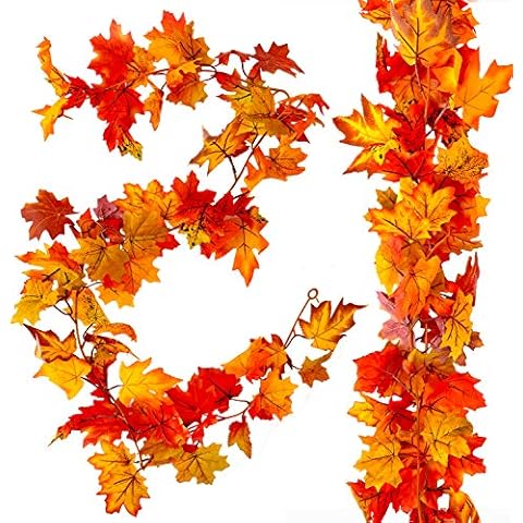 2pcs Artificial Autumn Fall Maple Leaves Garland Hanging Plant for Home Garden Wall Doorway Backdrop Fireplace Decoration, Thanksgiving Wedding Party Decor (Deep) Cover