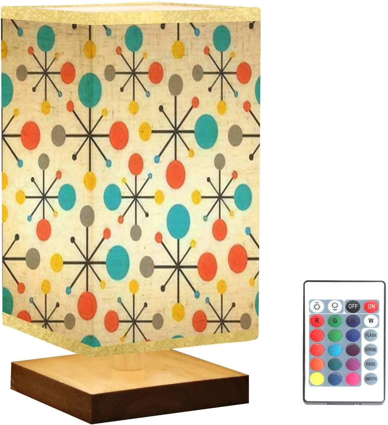 Square Bedside Table Lamp Mid Century Fifties Modern Atomic Retro Colors Seamless Wooden Base Fabric Shade Dimmable Nightstand Desk Lamp Living Room