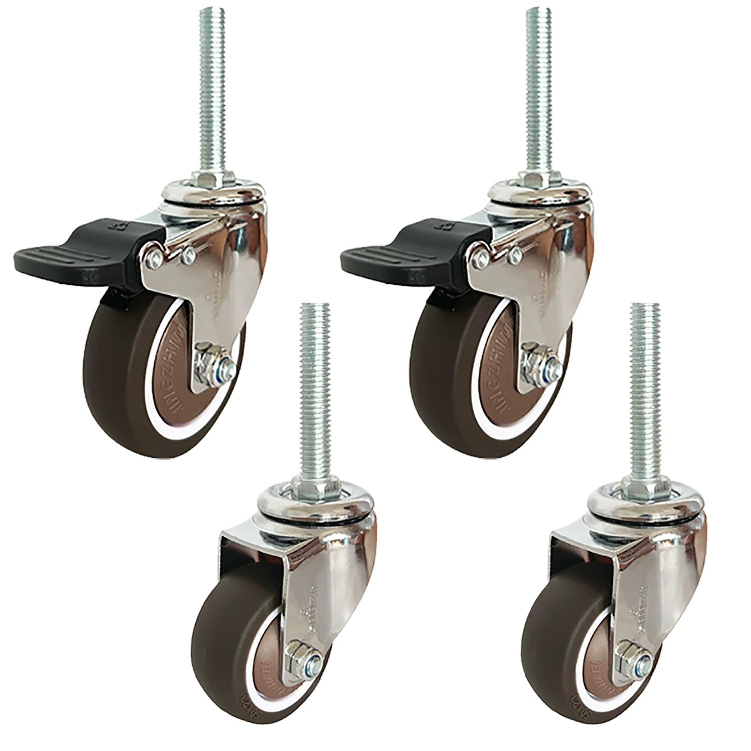 2 Pollice Silenzioso Ruote con Freno, M12*60mm Perno filettato di 4, Gomma Ruote per Mobili/Carrello, Carico 290lbs(2girevole+2con Freno,100mm)