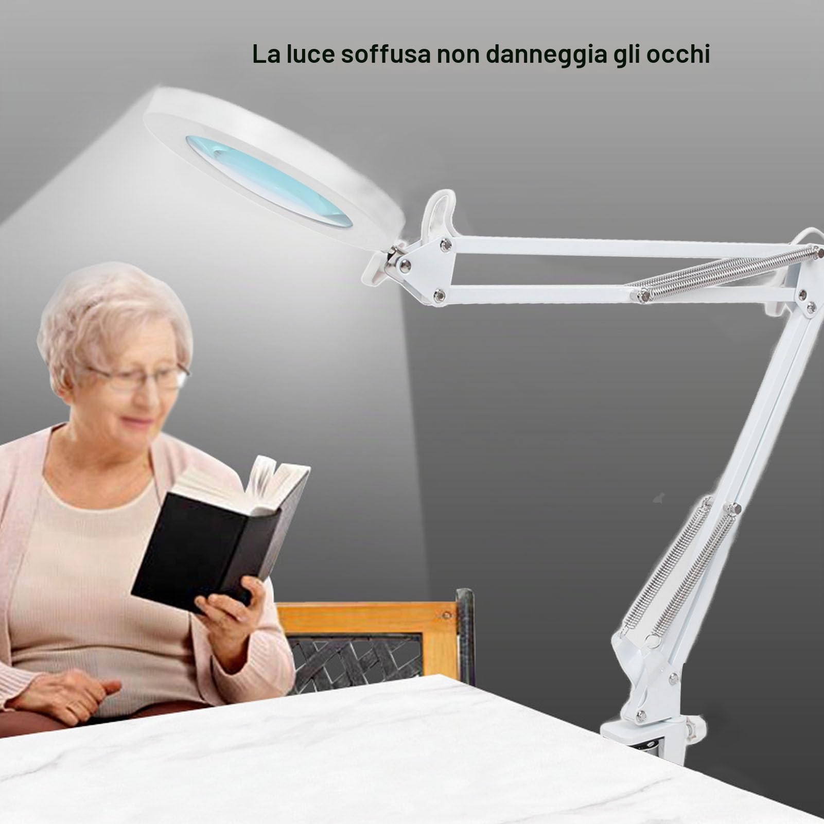 Lampada da Scrivania a LED con Lente D'ingrandimento 5X Illuminazione Gradevole per gli Occhi Luminosità Regolabile Interfaccia USB Morsetto Resistente Regolabile a 360 Gradi 72