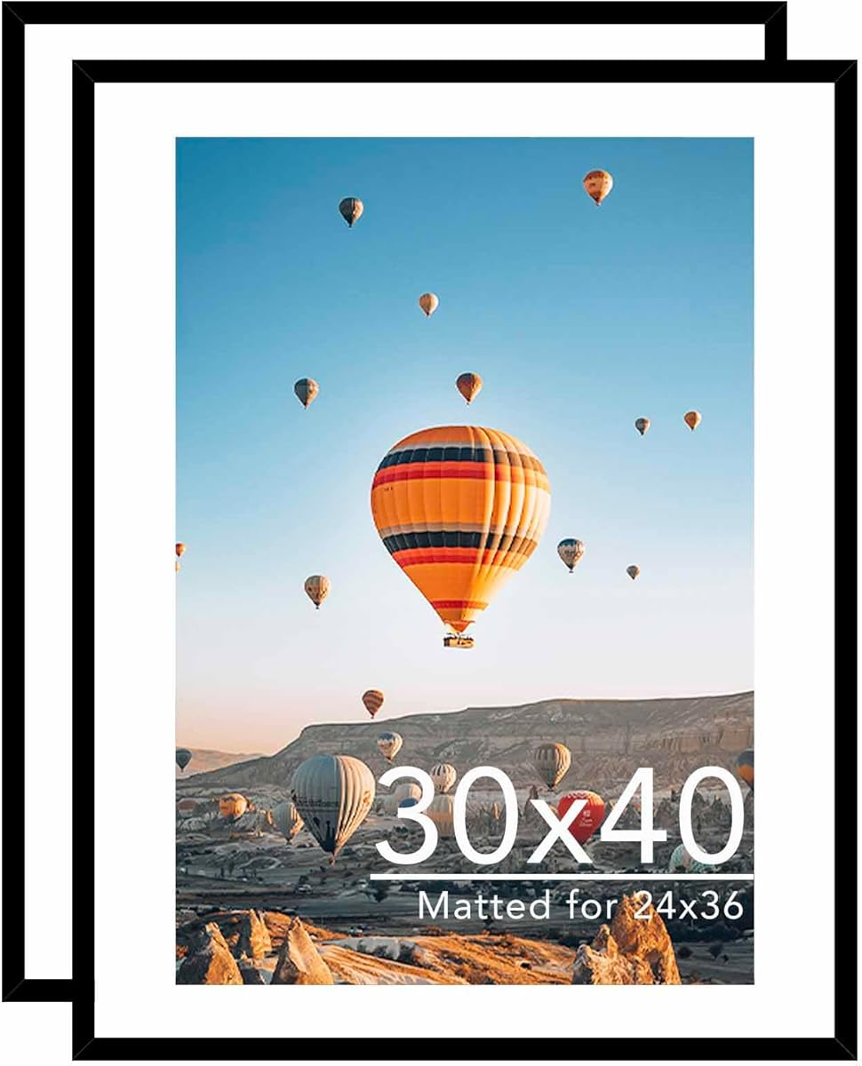 30x40 Picture Frame with 24x36 Mat Set of 2, Display Photo 24x36 inch with Mat or 30 x 40 inch Without Mat, Wall Hanging Large 30 by 40 Poster Frame with Plexiglass, 2 Pack, Black