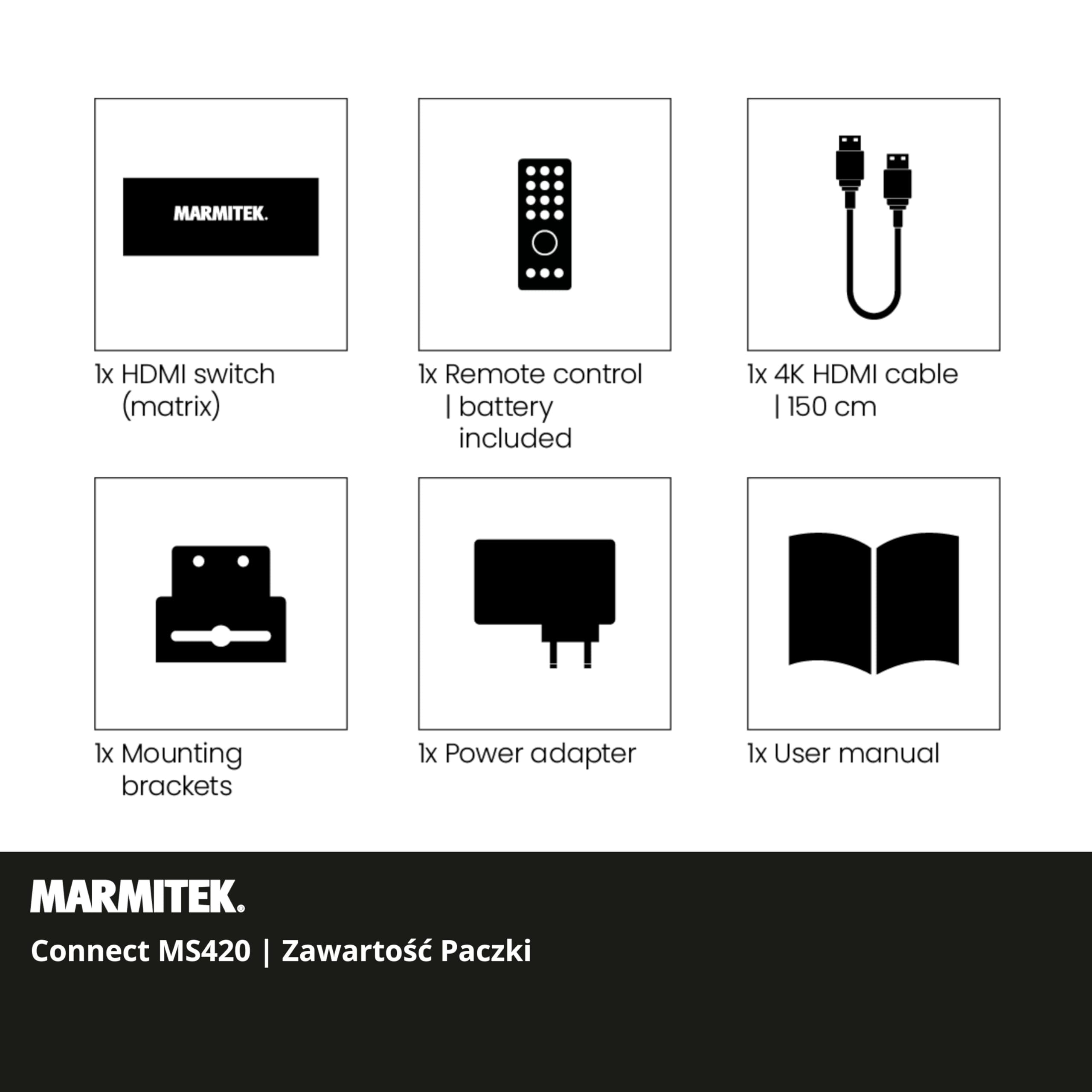 Marmitek MS420 - Matryca HDMI 4x2 4K60 do TV i projektora ARC CEC | Przełącznik matrix HDMI 2.0, 4 źródła na 2 ekrany, downscaler 1080p, Toslink, ARC, CEC, EDID i pilot