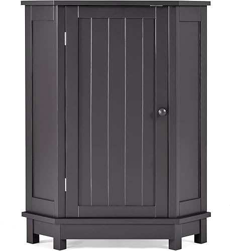 Miniatura 6 de PULLAFUN Gabinete de baño Armario de almacenamiento de esquina triangular con estante ajustable Tablero MDF de estilo moderno, negro y marrón