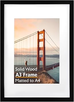 KINLINK A3 Picture Frame, Black Solid Wood Frame with Acrylic Plexiglass for Pictures A4 with Mat or A3 without Mat, Wall Display Poster Frame 1 Pack