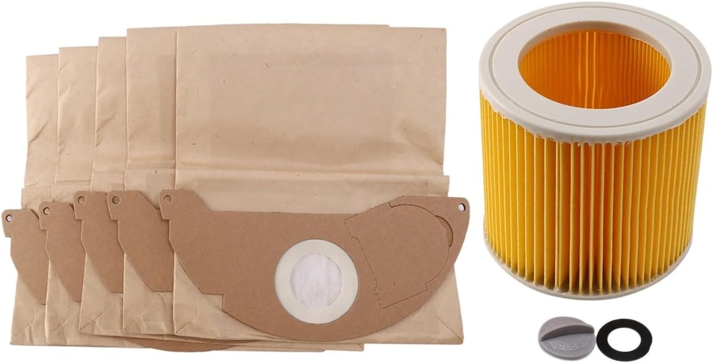 A61T-1Pcs Dust Filters+5Pcs Paper Bags，Compatible For Karcher，Vacuum Cleaners Parts Cartridge Filter Wd2250 Wd3.200 Mv2 Mv3 Wd3