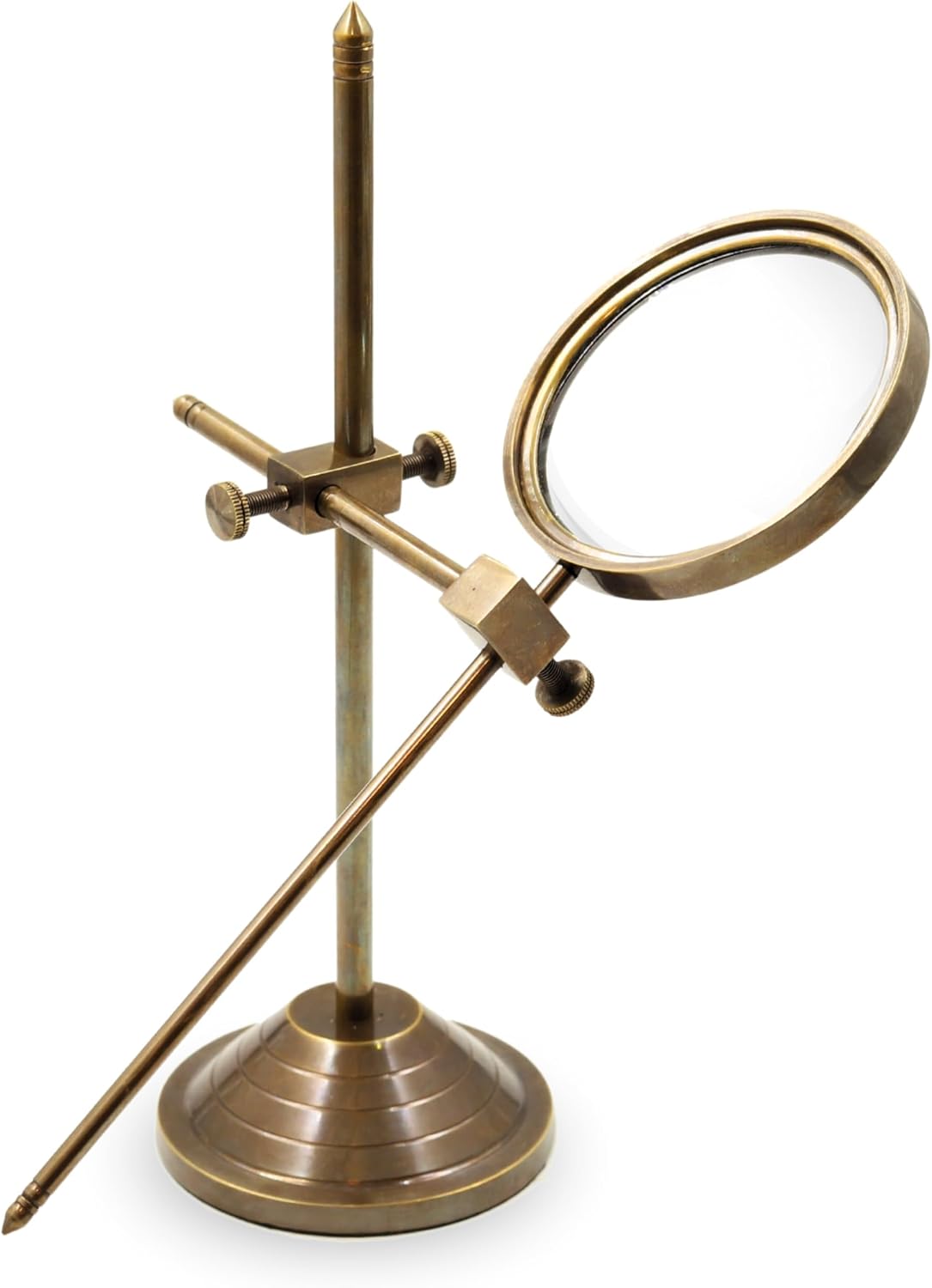 Antique Brass Adjustable Stand Magnifier – Vintage Desktop Magnifying Glass with Protective Base for Reading, Crafts (1, Second Antique)