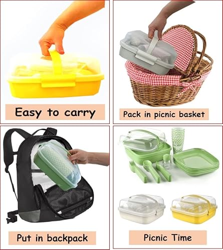 33 Piece Plastic Picnic Set For Camping Outdoor With Carry Case And With Tablecloth Picnic Blanket, (Set For 6), Unbreakable Plates, Cups, Forks, Knives, Spoons Set Of 6, Bpa Free (Cream) #TOP4
