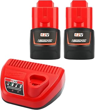 TENMOER 2-Pack 12V 3.0Ah Battery with Charger Starter Kit Compatible with Milwaukee 12V Power ToolsNot Made in Milwaukee