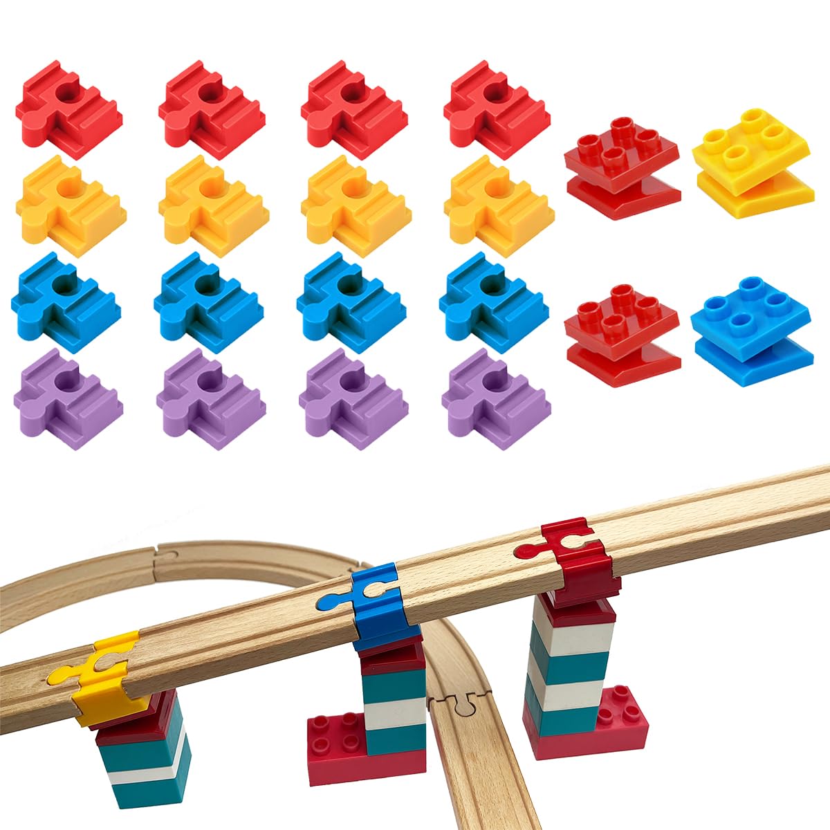 Wooden Train Track Accessories, 20 pcs Wooden Track Connector, Compatible with All Major Brands Wood Train Track, Christmas Birthday Gift for Boys Girls, Train Toys Expansion Pack for Kids Ages 3+