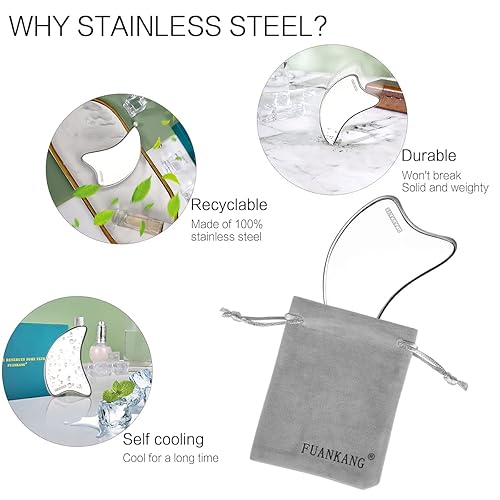 Miniatura 11 de Gua Sha - Herramientas faciales con bolsa de viaje, herramienta de masaje de raspado de acero inoxidable para cara