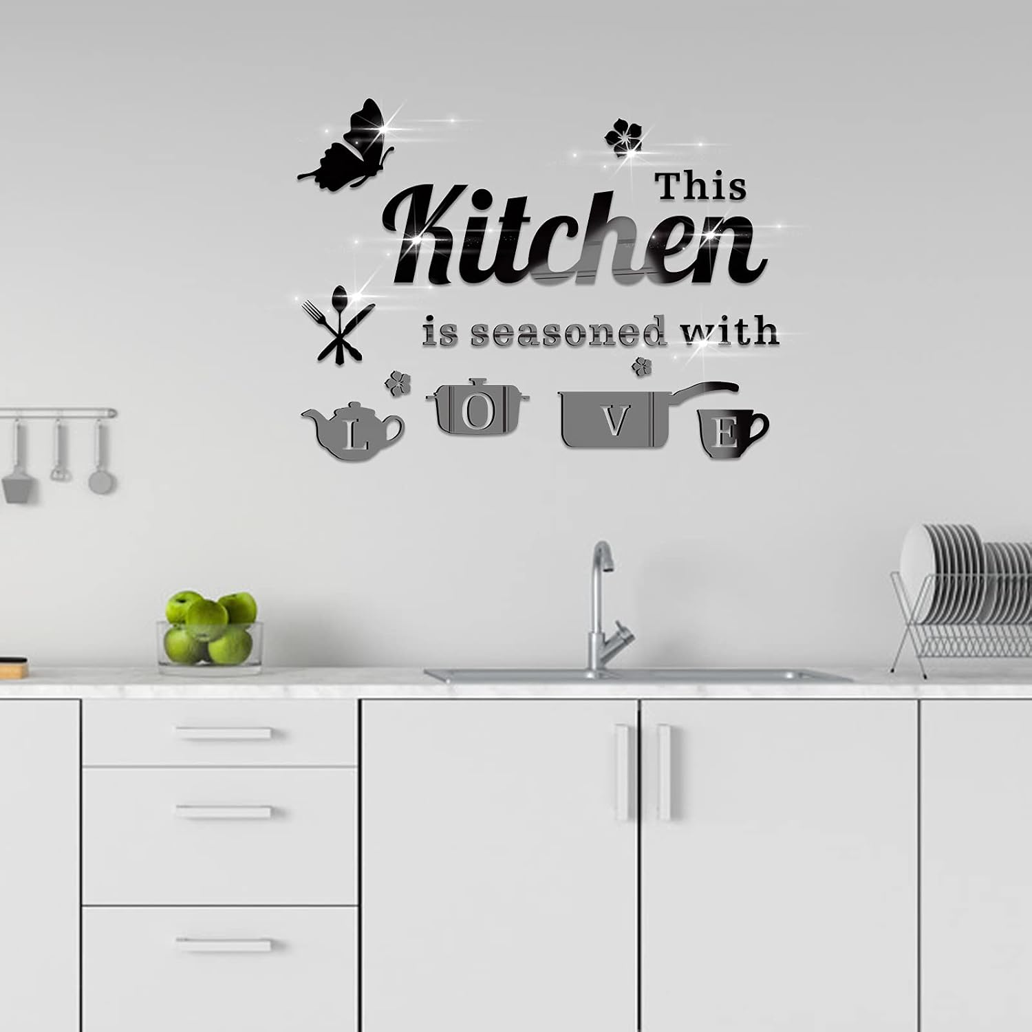 14Pcs Removable Acrylic Mirror Kitchen Wall Decal, KMOTASUO Ornamental Mural Stickers with Letters Kitchenware and Butterfly, Home Decor Decals for Living Room Dining Room Restaurant (Black)