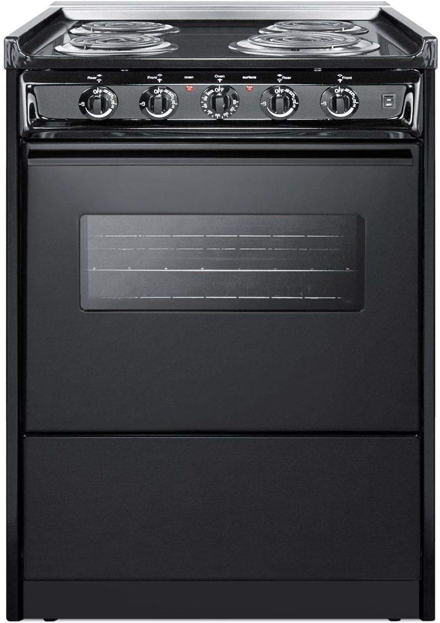 Summit Appliance TEM610CRW 24" Wide Slide-in Electric Range in Black with Oven Window, Light, Lower Storage Compartment, Broiler Pan, Chrome Drip Pans, Recessed Oven Door, Push-to-turn Burner Knobs
