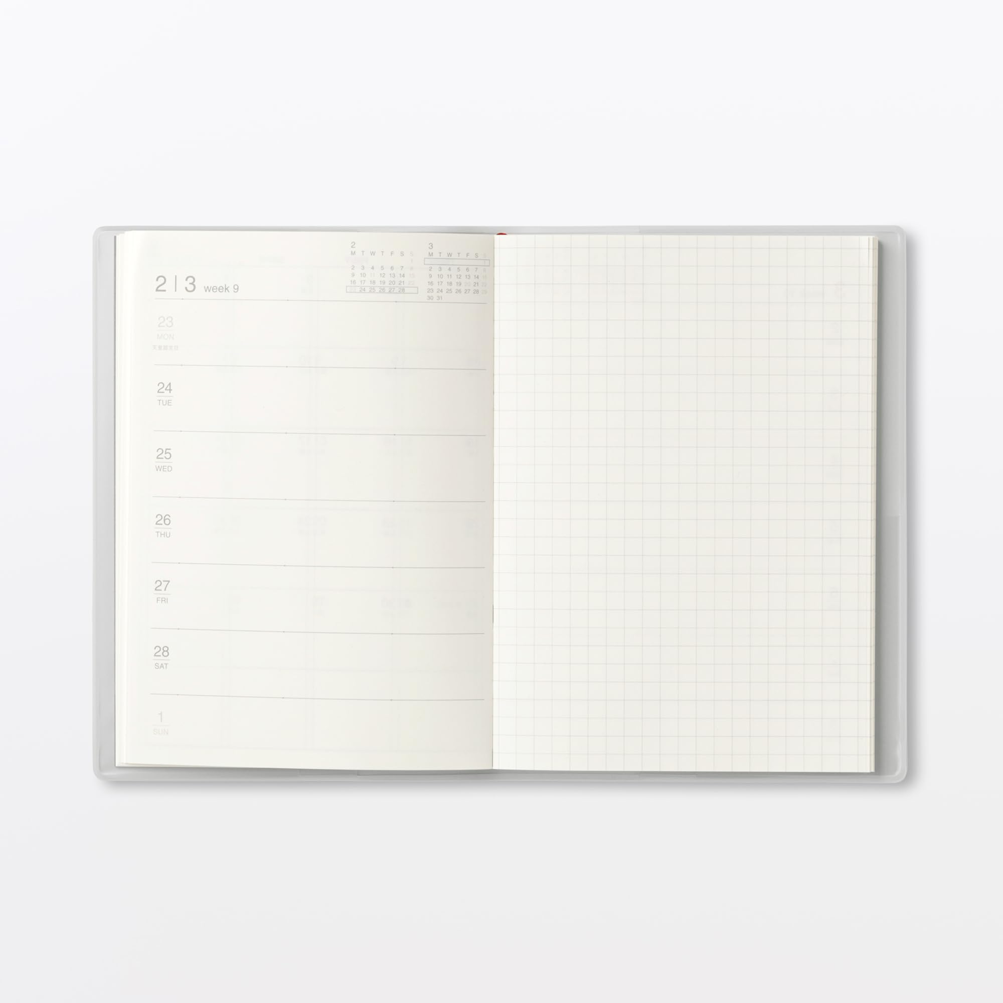 MUJI 76418818 Agenda mensual/semanal, comienza en marzo de 2026, A6, color blanco y gris