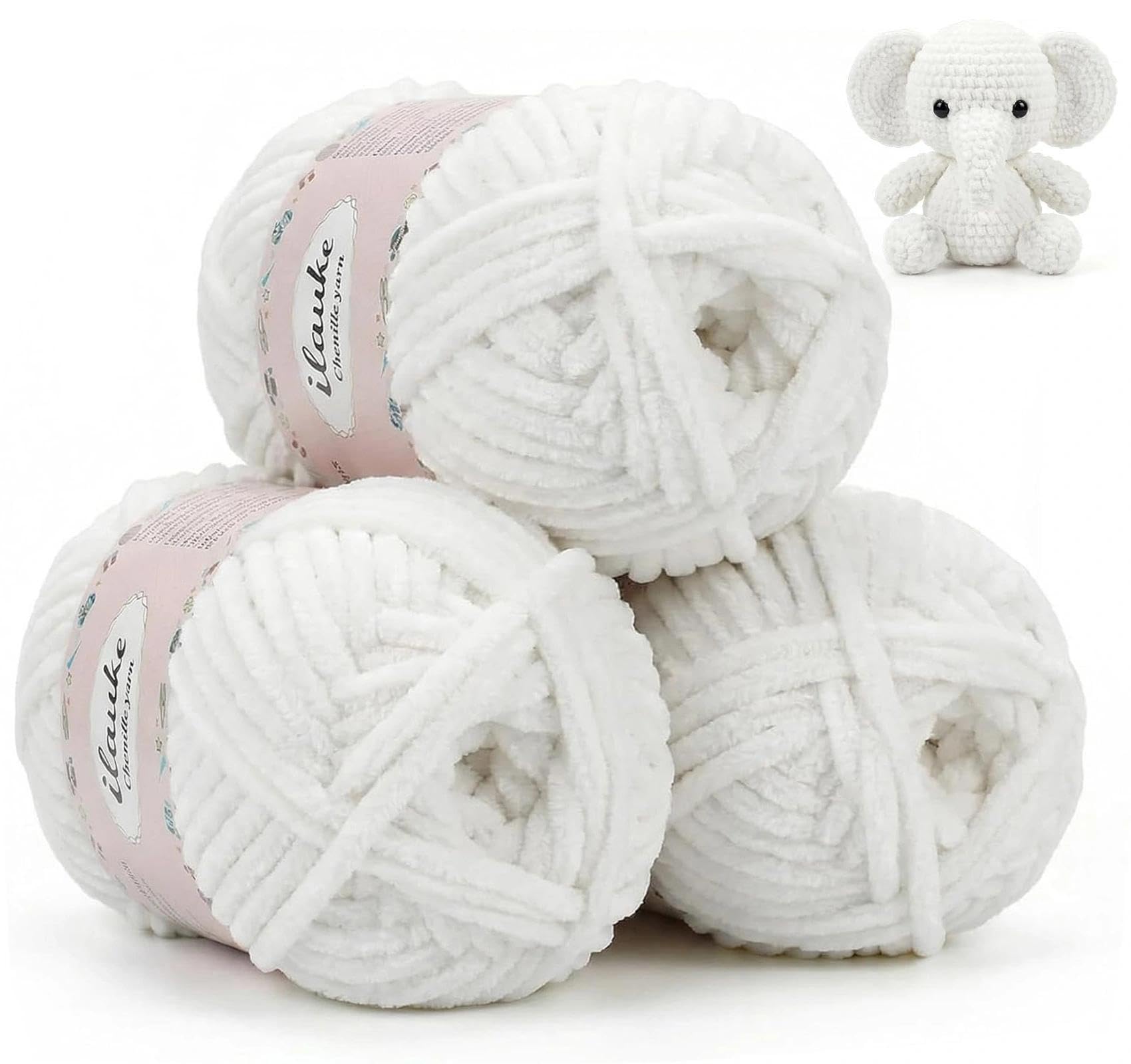 ilauke 3x100g Chenille Wolle zum Häkeln, Weiß Weich Chenille Garn für Häkelgarn, Häkelwolle Flauschig für Kuscheltiere, Decken, Pullover, Schals, Dicke Chenillewolle zum Stricken