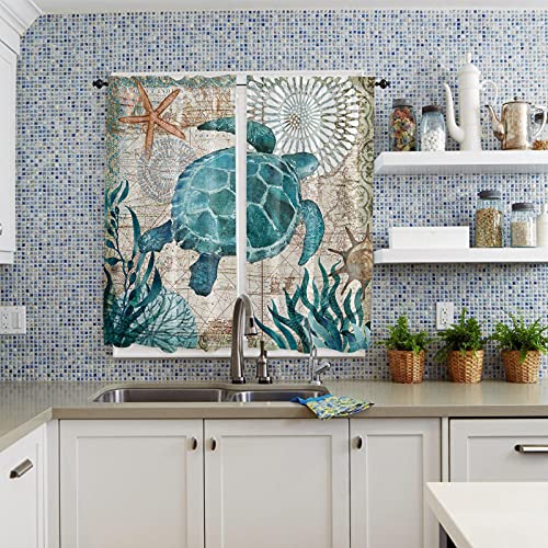 Jolunifun Ocean Turtle Kitchen Curtains For Bedroom 63 Inch Length, Blue Sea Animal Cafe Tiers Curtains Drape, 2 Panel Window Treatment Rod Pocket Drapery Panels Curtains 84X63 #TOP2