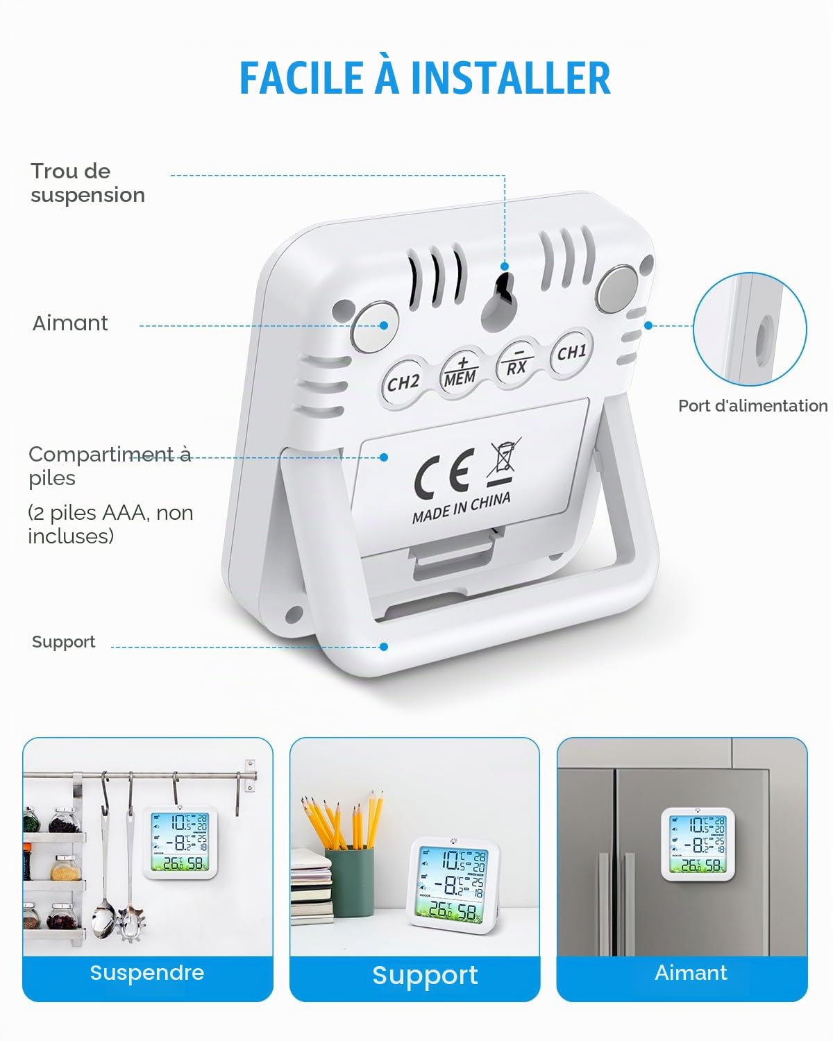 Brifit Thermometre Frigo, Thermomètre Congélateur avec 2 Capteurs, Thermometre Réfrigérateur à Écran Couleur avec Alarme, Commutateur ℃/℉, MIN/MAX, Rétroéclairage Blanc pour Cuisine, Restaurants