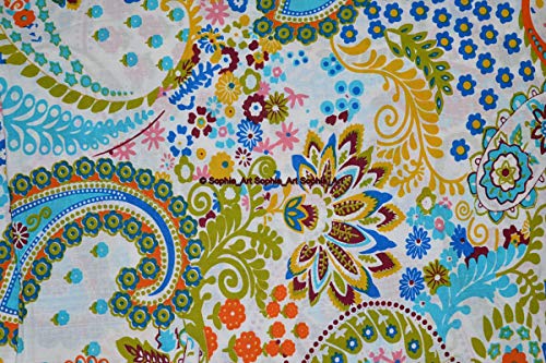 Image of Indian Hand-Block Printed Jaipuri Print Tropical Paisley Floral Ethnic Sanganer Kurti Print Cotton Fabric (White Paisley, 3 Yards)