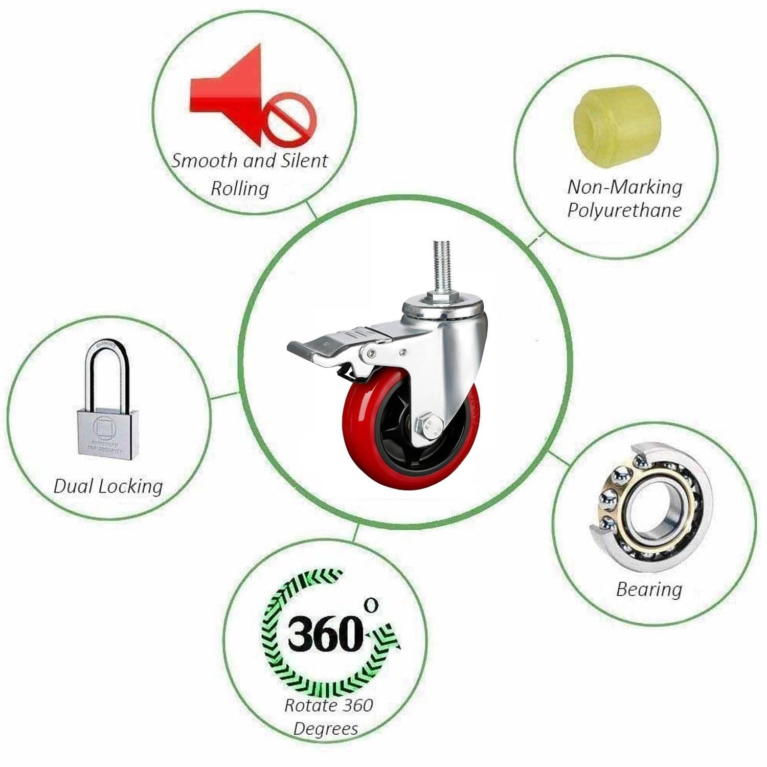 Set 4 ruote girevoli industriali M10x25mm, PVC con freno 75 100m,Swivel,100mm