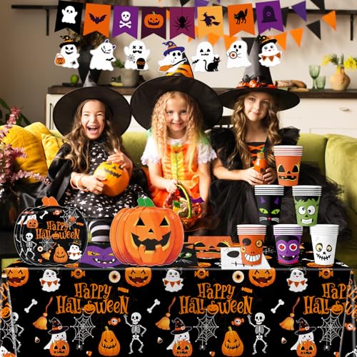 Halloween Party Supplies Kit Includes Pumpkin Shaped Disposable Plates, Napkins, Cups, Banner, Tablecloth for Halloween Birthday Baby Shower Decorations, Serves 24