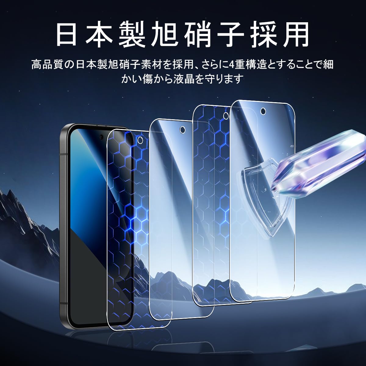 Google Pixel 10A 用のJCJC製日本製ガラスフィルムセット。画面保護フィルム2枚とカメラレンズ保護フィルム2枚が含まれます。