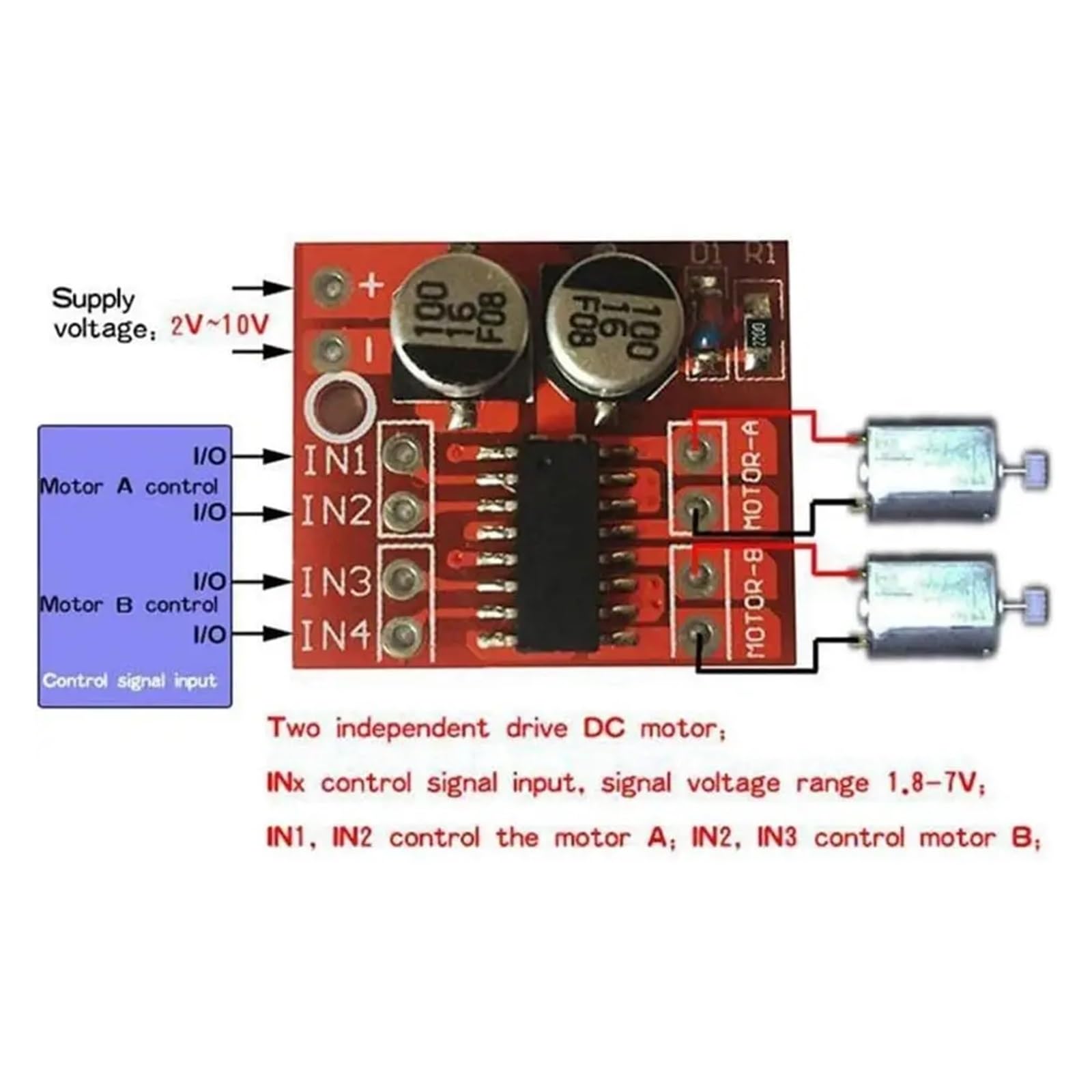 Mini controlador de motor de CC L298N, MX1508 Mini controlador de velocidad PWM de doble canal 1.5A de 2 vías Puente H dual Reemplazar paso a paso