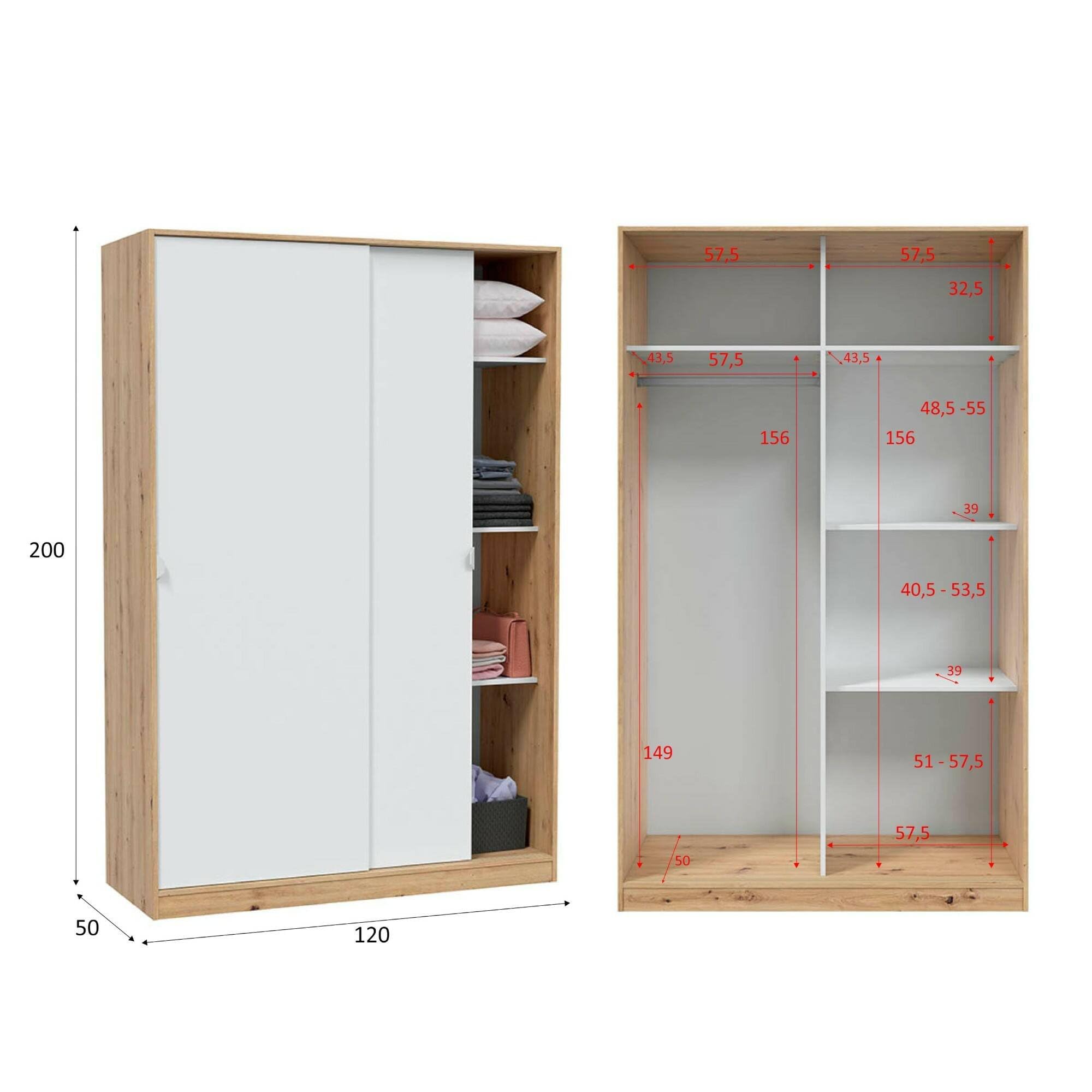 Dmora - Guardaroba 2 ante Waterbury, Armadio per camera da letto, Mobile con 4 ripiani e barra appendiabiti, 120x50h200 cm, Rovere e Bianco