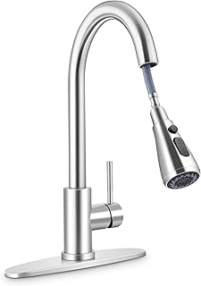 Herogo Kitchen Sink Faucet, Kitchen Faucets with Pull Down Sprayer Brushed Nickel, Stainless Steel High Arc Single Handle Faucet with 1 Hole or 3 Hole Deck Plate for Farmhouse Laundry RV Wet Bar Sinks