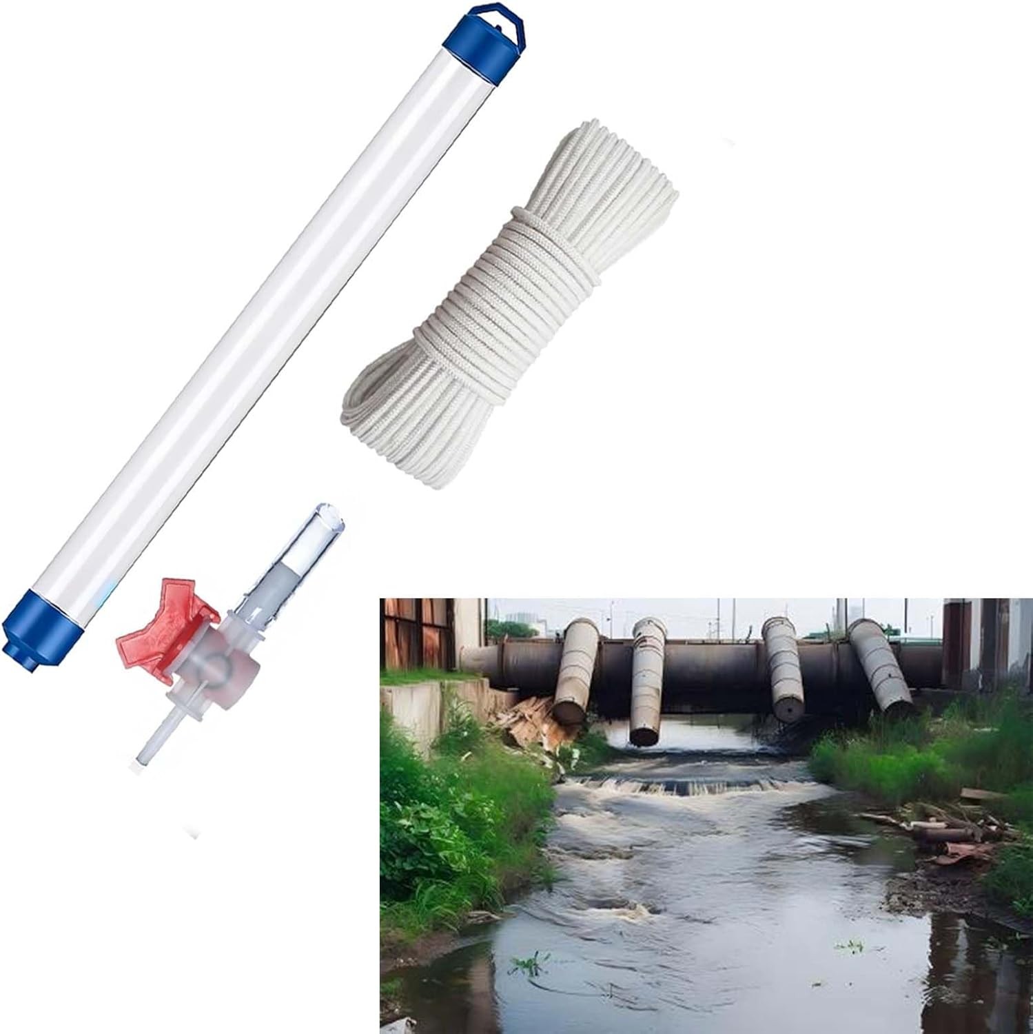 PVC Water Sampling Tube, Portable Groundwater Sampler for Environmental Testing with 1 Throttle Valve & 10m Nylon Rope，250ml，2 Pieces
