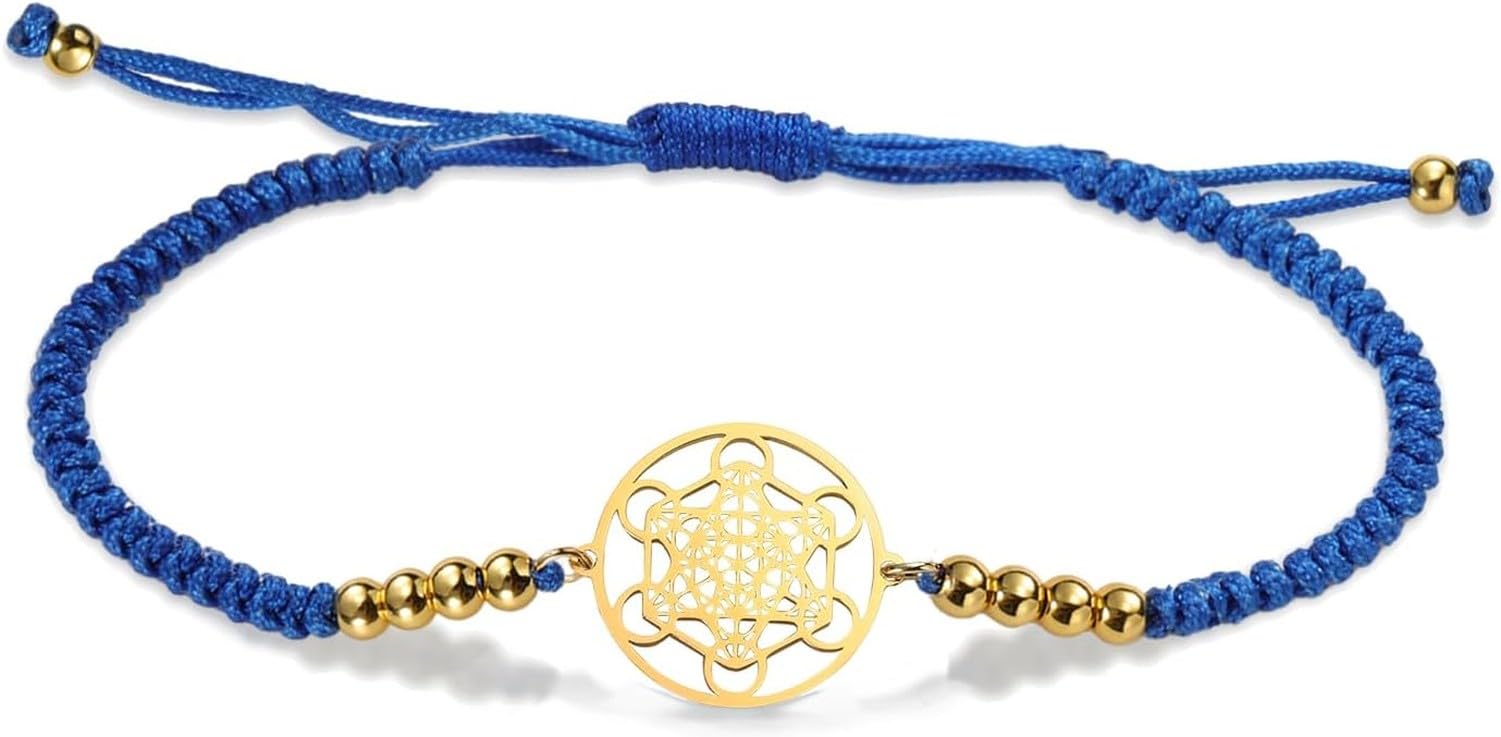 Faozhuo Sacred Geometry Metatrons Cube Bracelet for Men Women Adjustable Stainless Steel Braided Colorful Beaded Cord Jewelry Archangel Seals Amulet, Metatron Cube-a