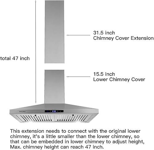 Miniatura 3 de Extensión de chimenea de acero inoxidable para campana extractora SNDOAS Serie GD24, 31.5 pulgadas, estilo montado en la pared (plateado)