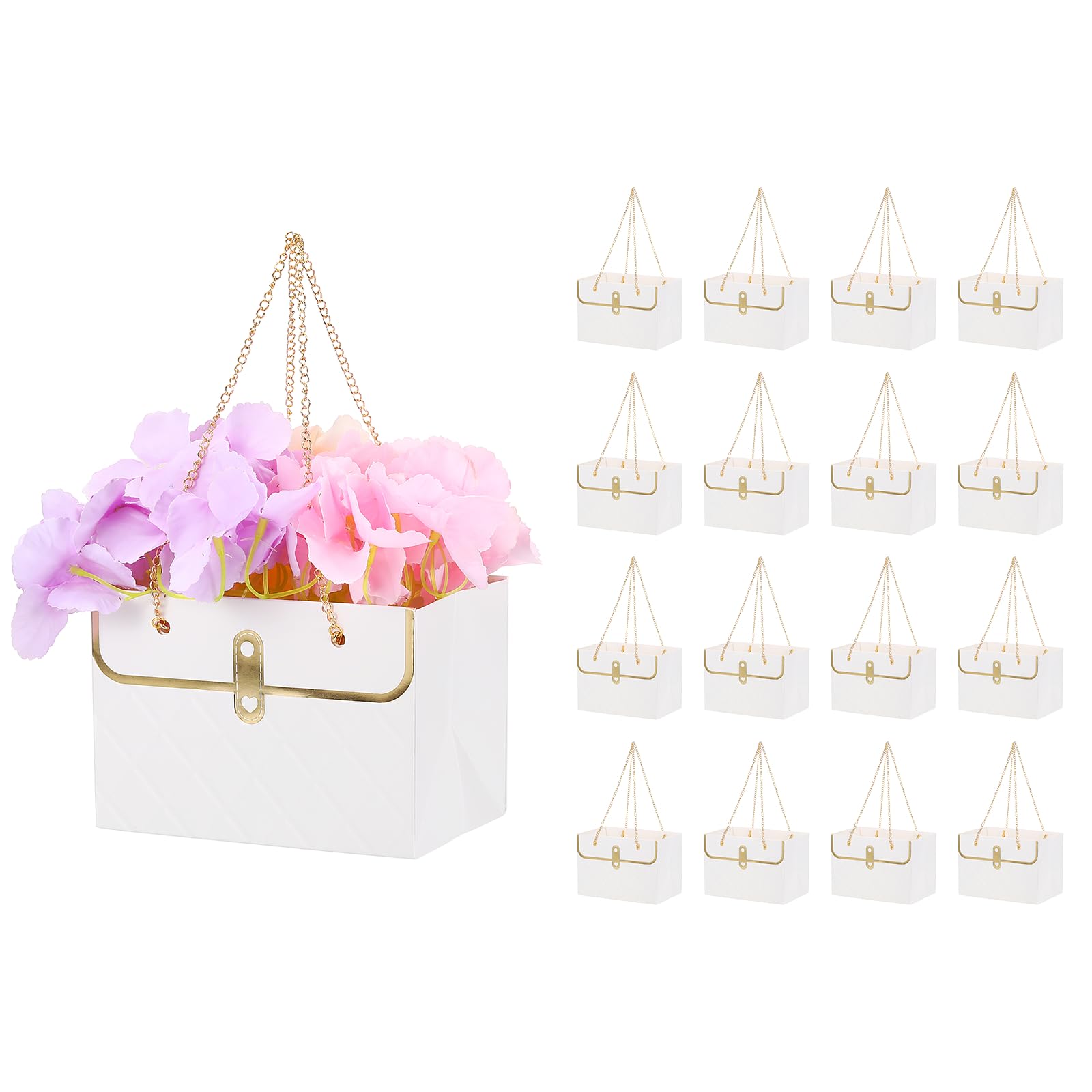 PATIKIL Paper Flower Gift Bags (16Pcs, White) Bouquet Storage Bucket Florist Handbags with Metal Chains, Suit for - Wedding/Gift Wrap/Birthday/Party/Mother's Day