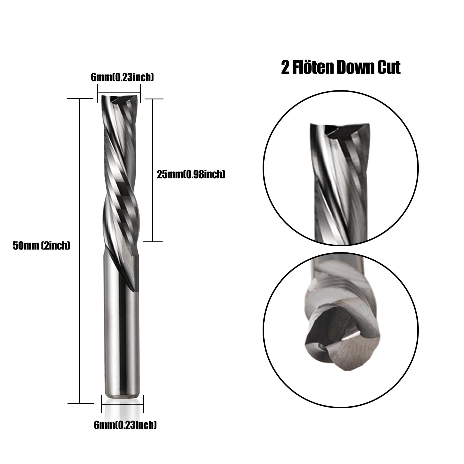 EU_HOZLY 6 mm trzonek 2 flety Down Cut Millionfrez, frez CNC, frez trzpieniowy, długość cięcia 25 mm, frez spiralny do drewna, frez podłużny do drewna, 2 sztuki (6 x 25 x 50 l)