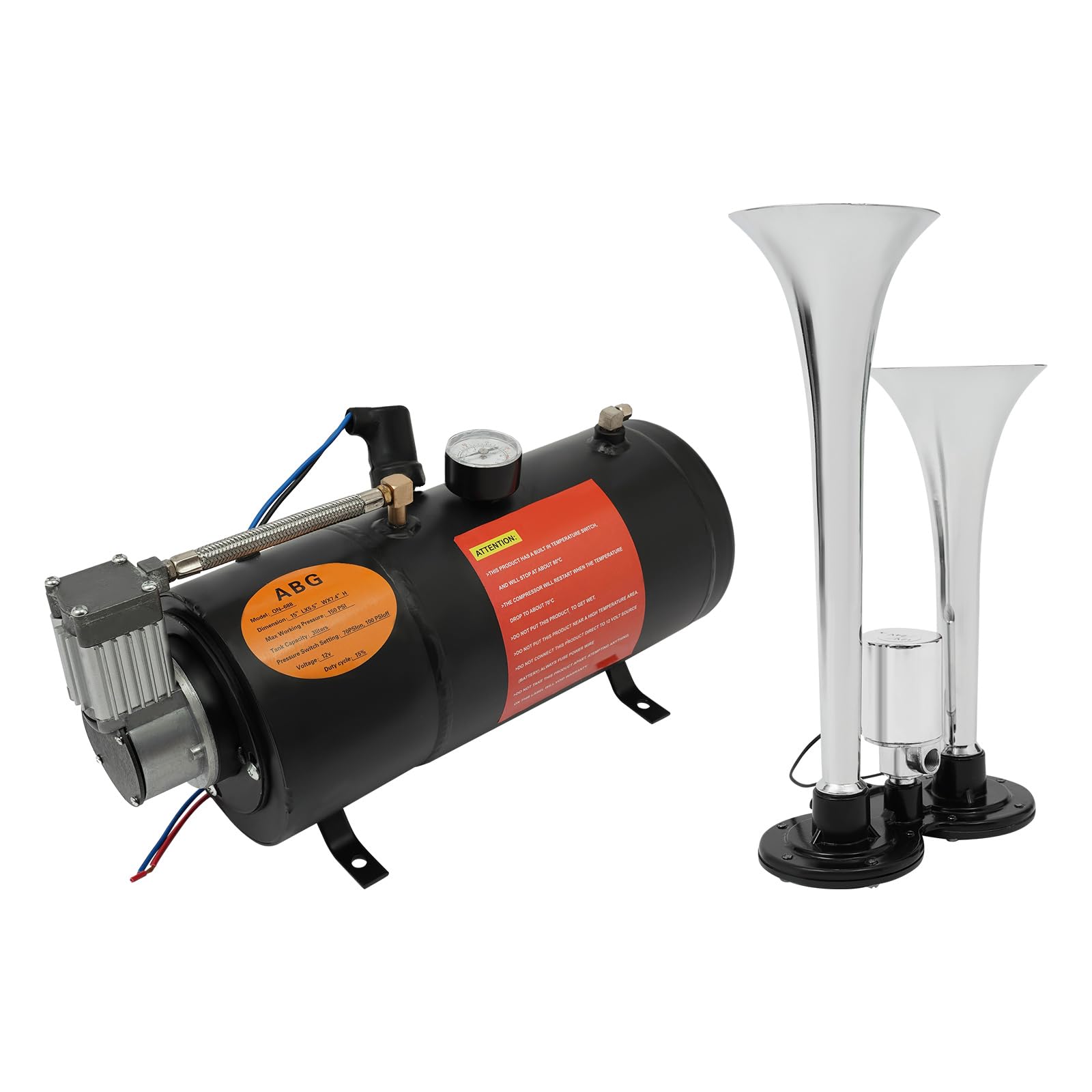 Zestaw klaksonów, 12 V, z kompresorem 3 l, 150 psi i manometrem, do łodzi, samochodów, automatycznych maszyn