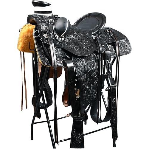HILASON Black 15 in Western Horse Wade Saddle American Leather Ranch Roping Black | Hand Tooled | Horse Saddle | Western Saddle | Wade & Roping Saddle | Horse Leather Saddle | Saddle for Horses