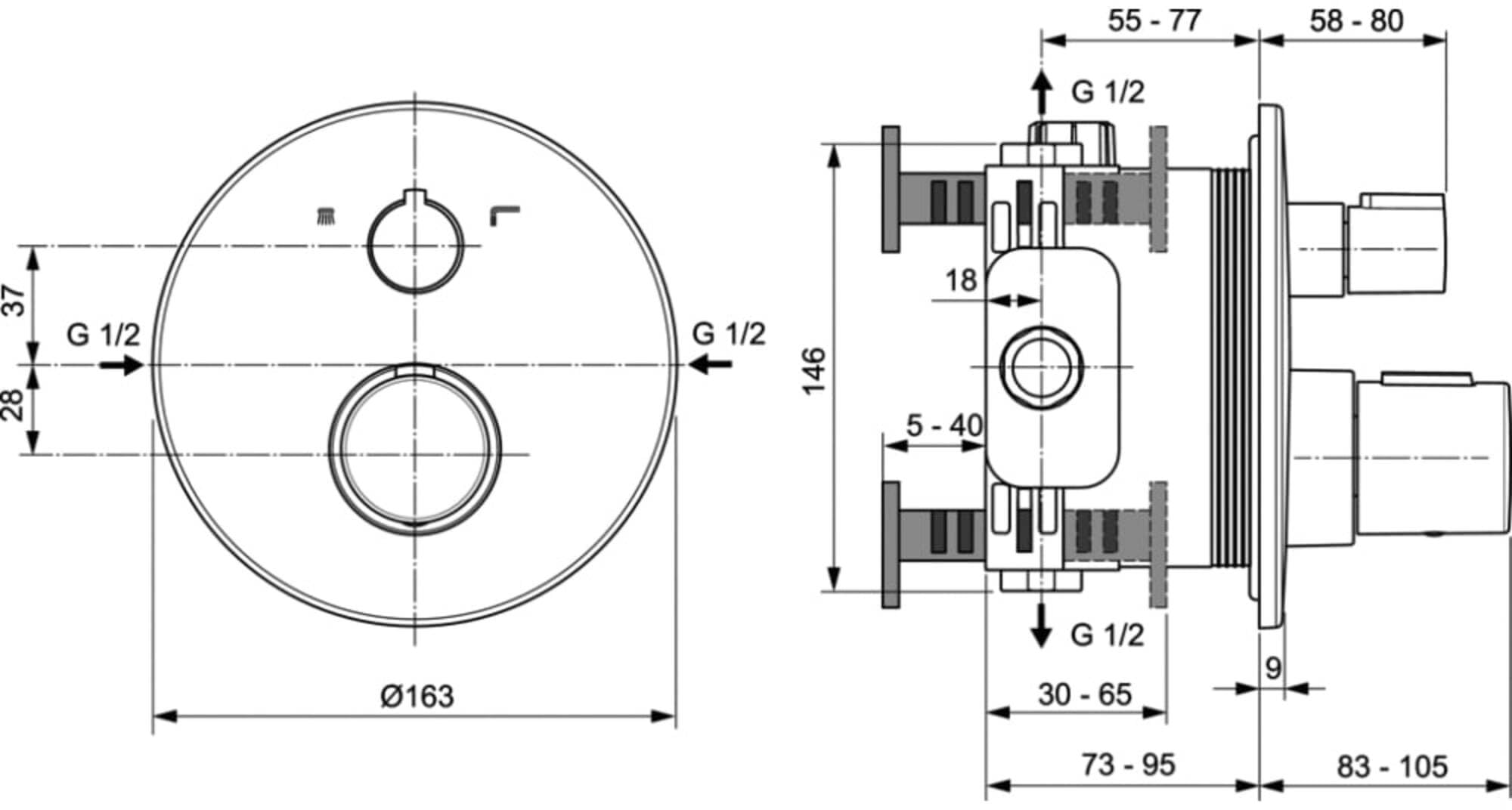 Ideal Standard - Ceratherm T100 Miscelatore termostatico ad incasso individuale con deviatore per vasca/doccia - Nero Seta