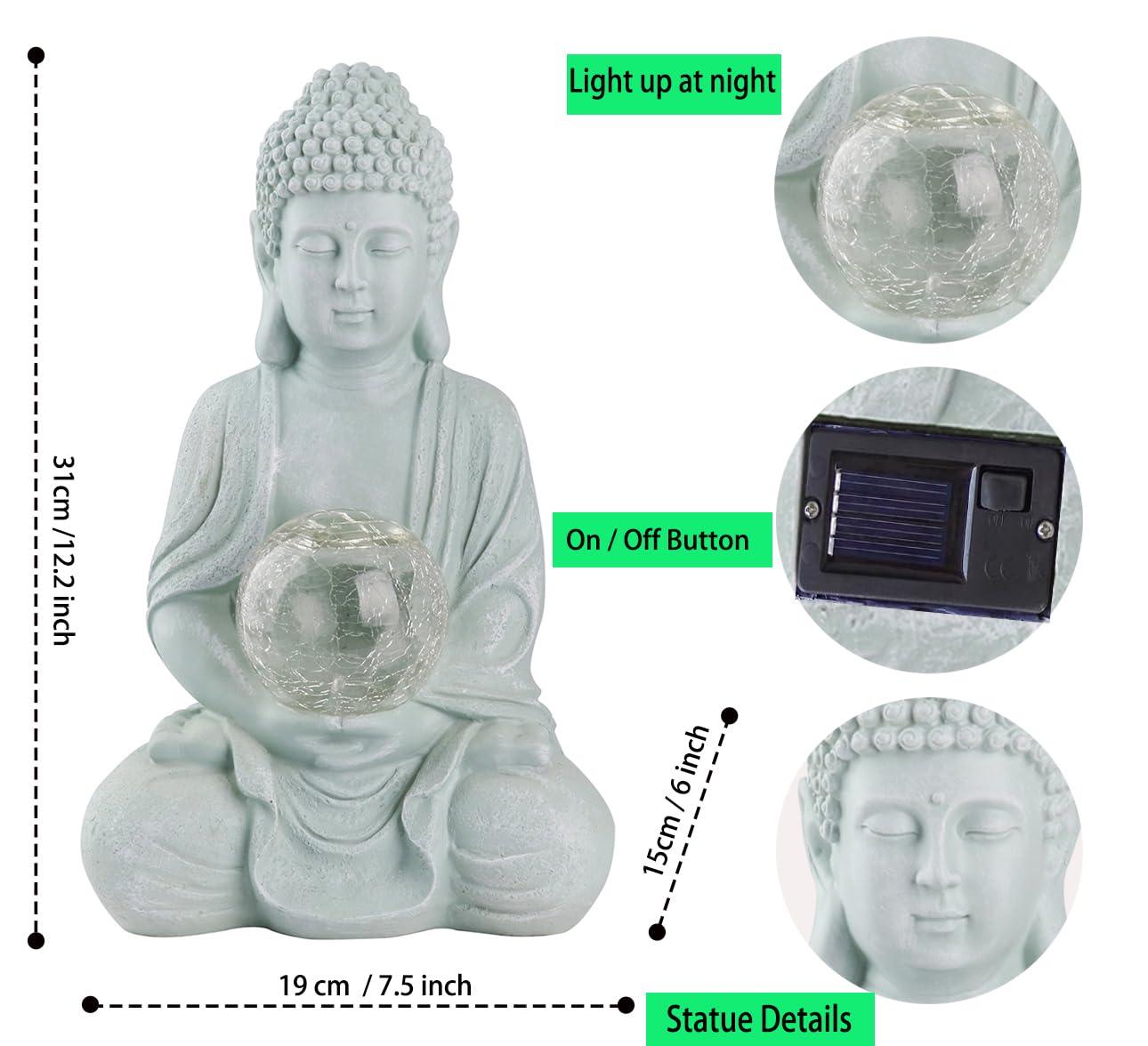 Houdezhu Buddha Garden Statue with Solar Light, Solar Meditating Garden Buddha with Cracked Glass Ball Sculpture-Indoor/Outdoor Decor for Balcony,Patio,Porch Yard Art Ornament,Gift