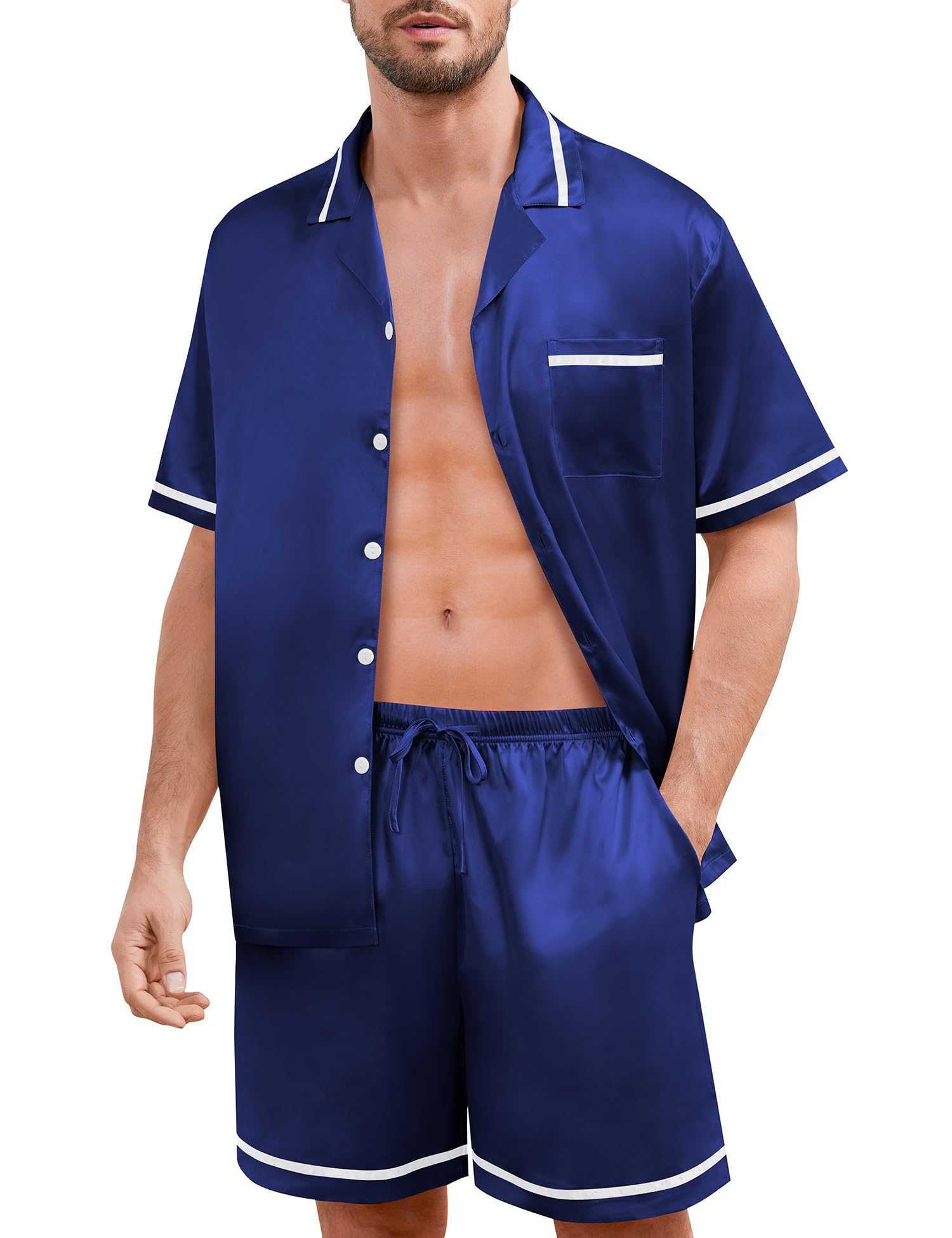 SWOMOG Men Satin Silk Pajamas Sets with Pockets Button-Down PJs Sets Short Sleeve Classic Sleepwear 2 Piece Loungewear