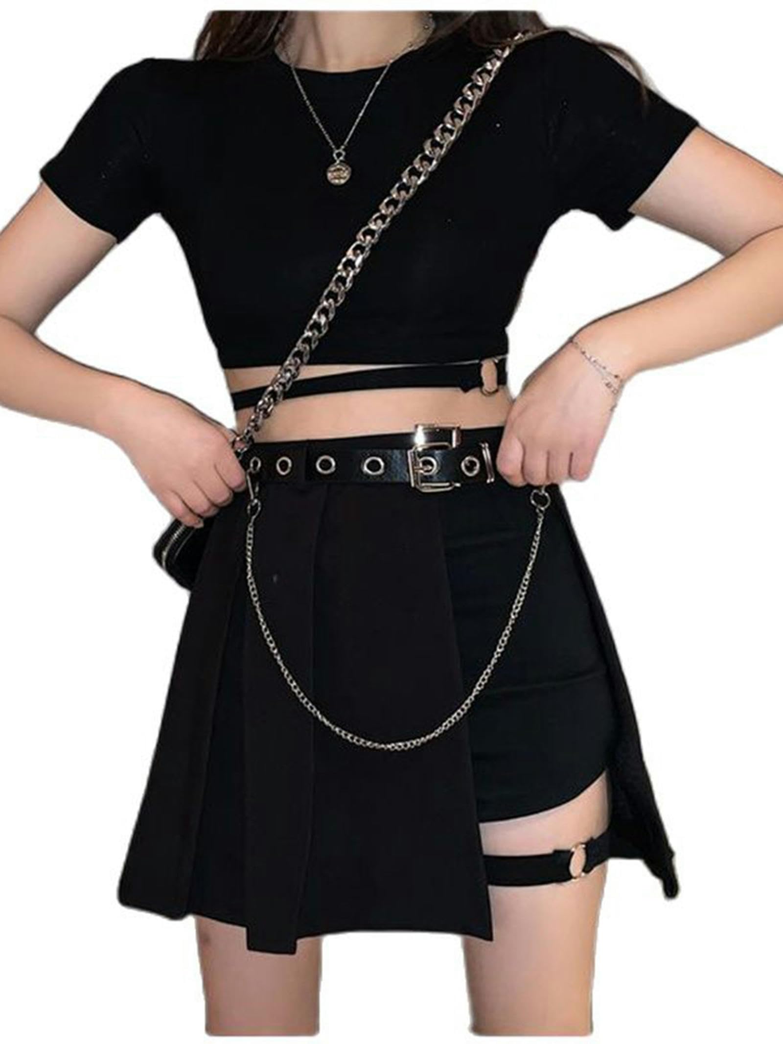 Sommer Y2K Cool Girl Hip Hop Zweiteiliges Rock-Set Streetwear Harajuku Kette Crop Top + Mini-Faltenrock-2 Stück-M