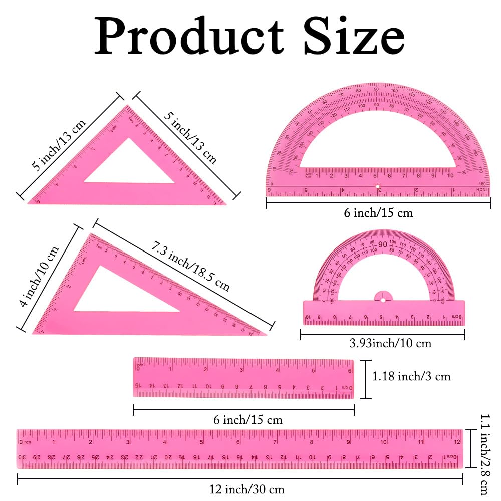 Set di righelli in plastica trasparente, 15,2 cm, goniometro dritto da 30,5 cm, 2 goniometri da 180 gradi, 2 righelli triangolari 45, 60 gradi, 2 righelli dritti, strumento di misurazione per scuola