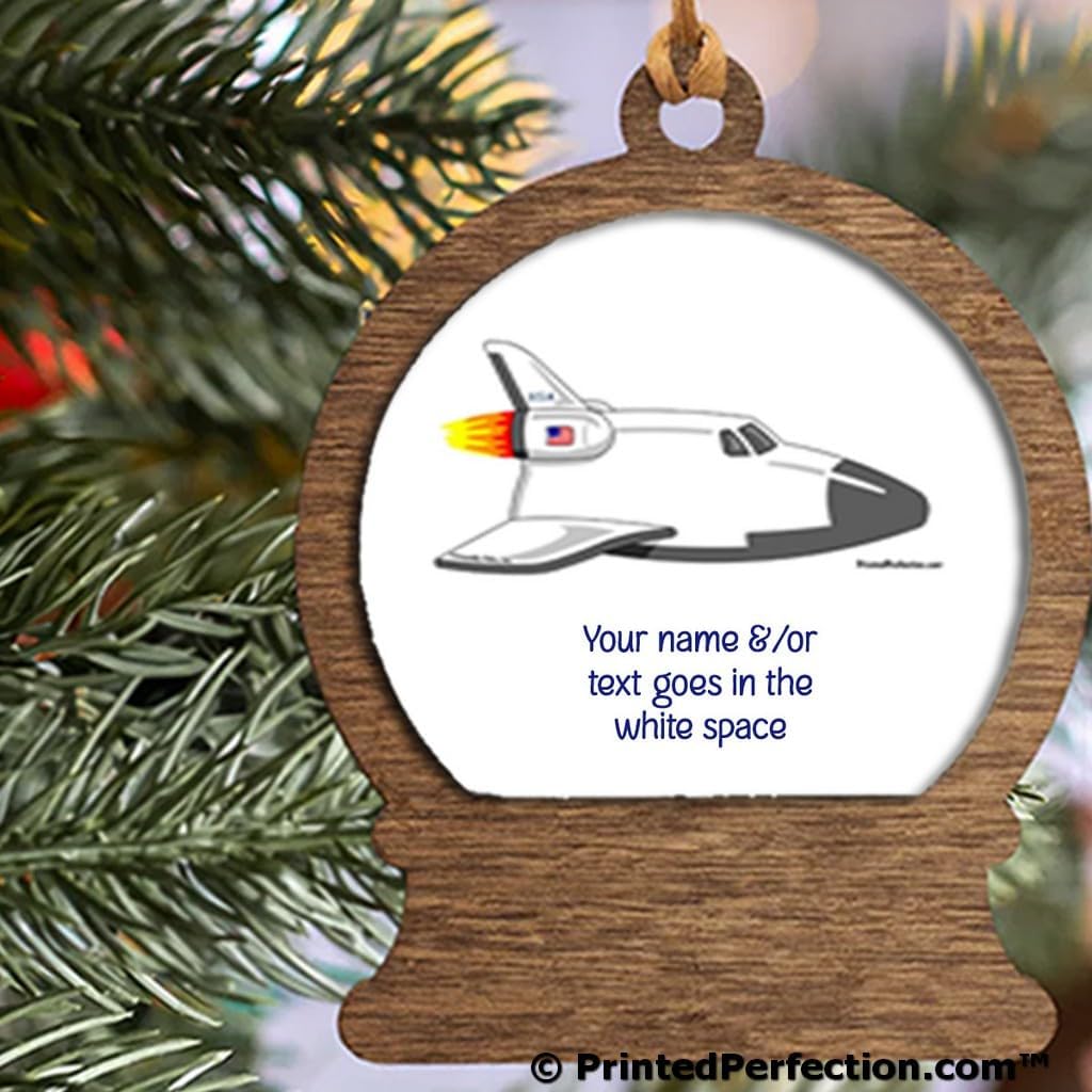 Personalized Space Shuttle Wooden Snow Globe Shaped Christmas Ornament