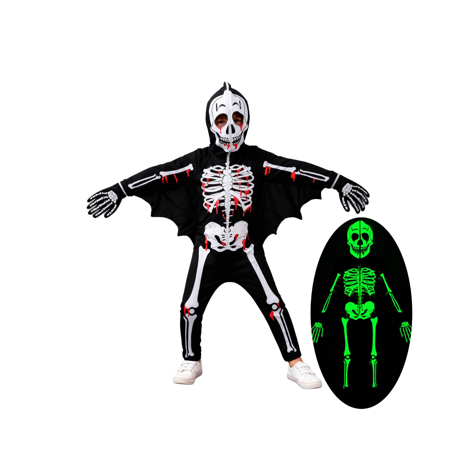 Miyanuby Kids Halloween Skeleton Fancy Dress Toddler Glow in The Dark Luminous Costume Skull Bone Bat Jumpsuit Boys Girls Scary Cosplay Bodysuit with Gloves for 3-10T