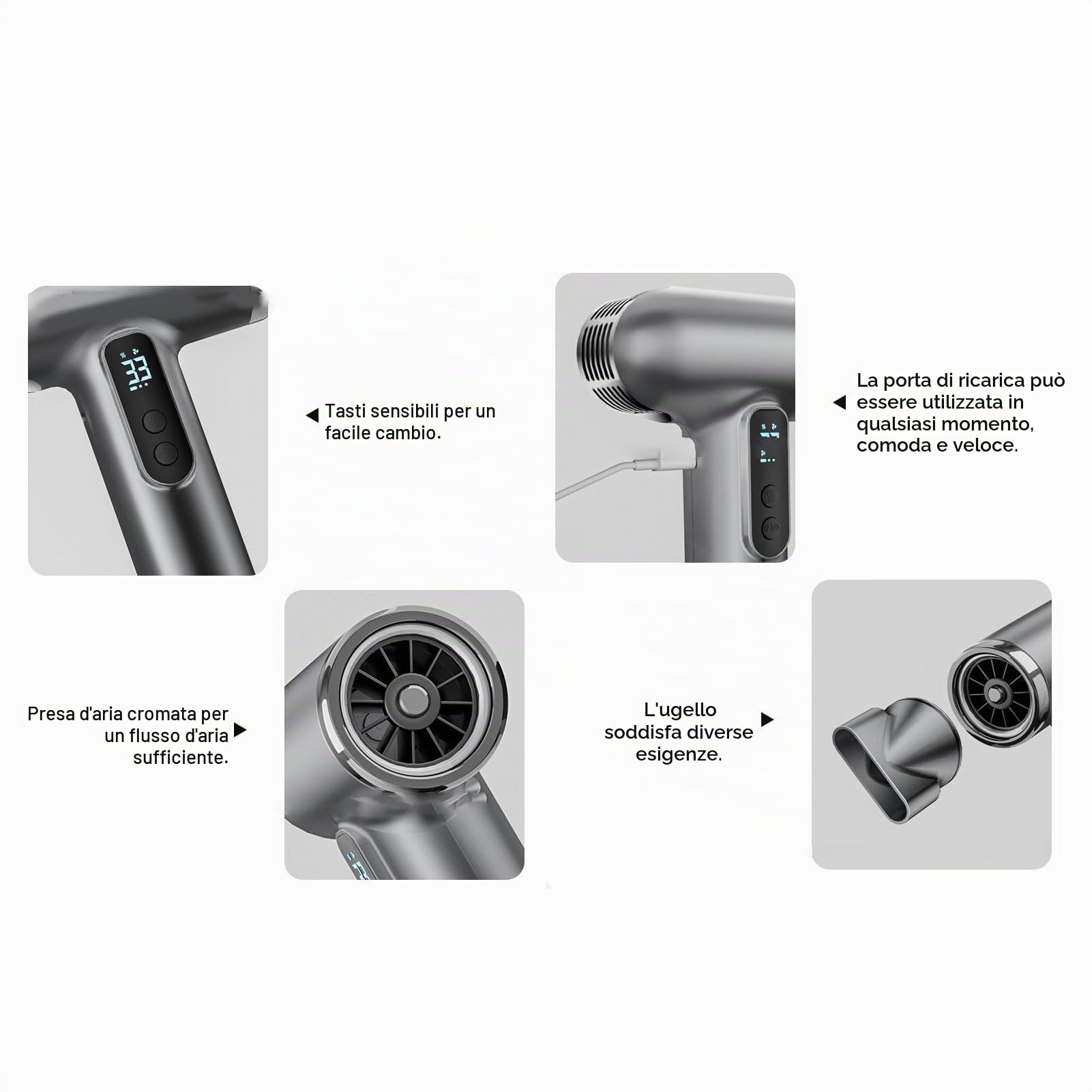 Asciugacapelli Ricaricabile Ricaricabile in Cordone - Pompino Portatile da 200 W con Ugello, Batteria Silenziosa da 15.000 MAh per Viaggi, Dormitorio e Uso Domestico (SILVER)